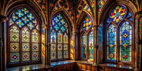 Fototapeta premium Gothic Stained Glass Windows Silhouette - Vintage Church Frames in Low Light Photography