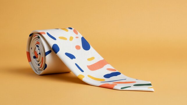 A tie with an abstract paint splatter design in vibrant colors of red and blue, ideal for a bold and artistic touch to a casual outfit, very realistic