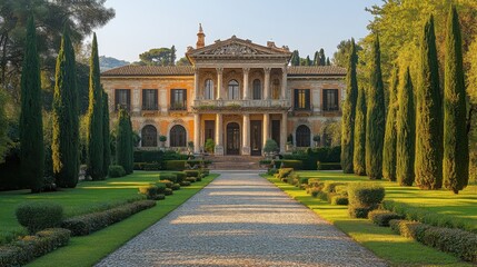 Obraz premium Elegant mansion with manicured gardens and a gravel pathway.