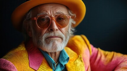 stylishly dressed elderly man in brightly colored attire set against a dark background radiating confidence and sophistication while challenging stereotypes of aging