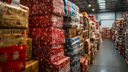 A large pile of Christmas presents stacked on top of each other