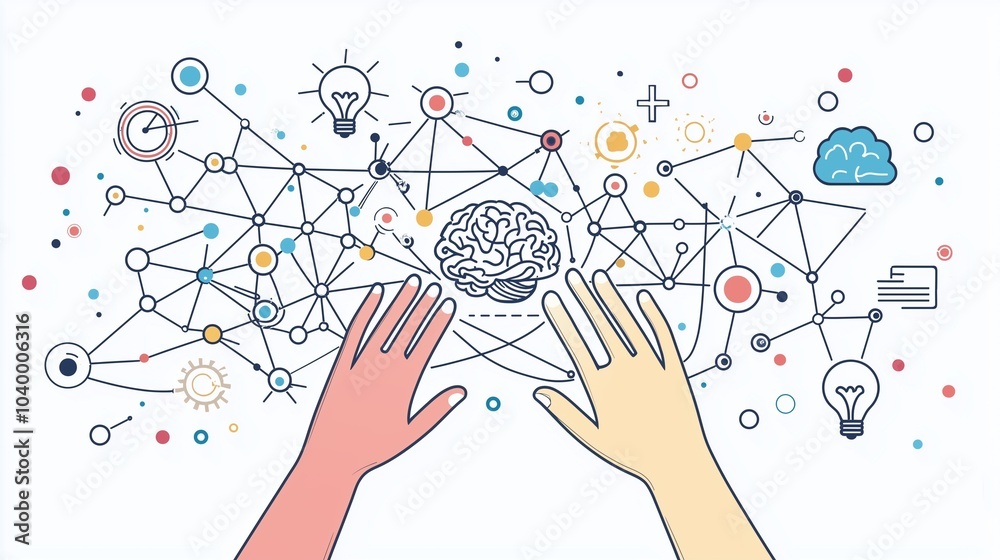 Poster hands interacting with neural network and brain, symbolizing deep learning connections.