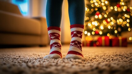 Woman in red Christmas socks and woolen boots, winter holiday living room