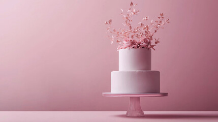 Obraz premium Wedding White tiered cake with pink blossom on pastel background, copy space