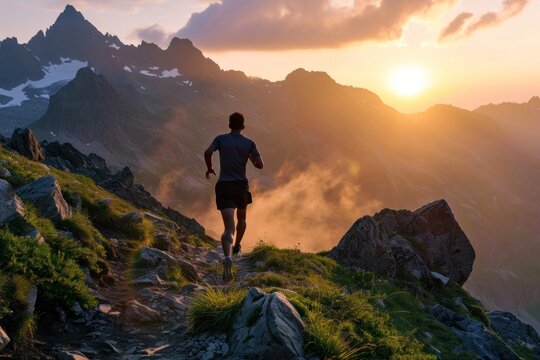 Black man running mountain outdoors. - Powered by Adobe