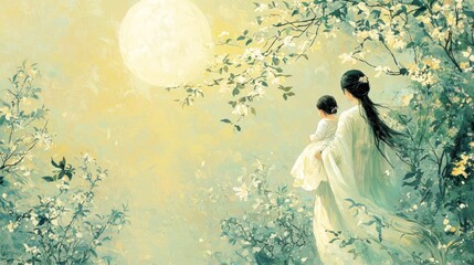 Loving Mother Embracing Child in Serene Nature Setting with Blank Space for Text or Design