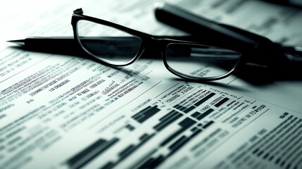 Closeup of Glasses and Pen on Financial Documents