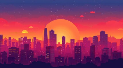Fototapeta premium Sunset cityscape illustration. Vibrant illustration depicting a city skyline at sunset, showcasing the beauty of urban life against a fiery sky.