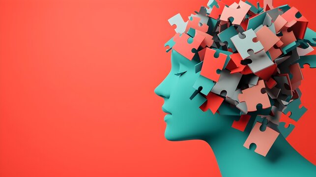 Abstract digital of a puzzle head with pieces fitting together symbolizing the process of mental health recovery personal growth and finding solutions to challenges