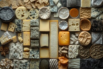 Fototapeta premium Assortment of Cheeses, Crackers, and Honey on a Grey Surface