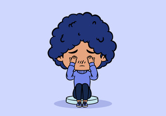 Cute curly girl chibi character in crying pose