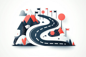 Road with flags marking each step, visualizing strategy in stages, flat design illustration