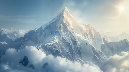 Obraz premium Majestic snow-capped mountain peak piercing through clouds with a sun shining brightly above, creating a breathtaking and inspiring vista.