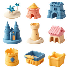 Colorful sand molds featuring castles, houses, and trees on a white background.