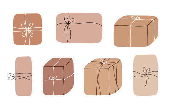 Set of gift boxes and presents with craft paper. Hand drawn flat illustration