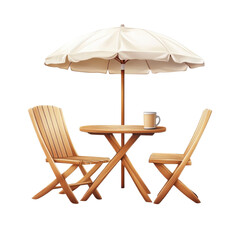 Fototapeta premium Cozy outdoor dining set with wooden chairs, table, and an umbrella on a white isolated background.