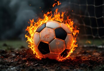 Fototapeta premium Fiery Soccer Ball In Goal With Net In Flames 