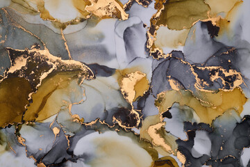Soft waves of translucent color meet shimmering gold accents in abstract art, fluid shapes create a dynamic landscape. The liquid ink technique create depth and movement, both spontaneous and refined