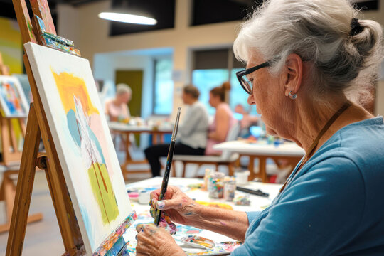 A senior woman paints during an art class, focusing on her work in a bright studio. Other people are also engaged in painting in the background.