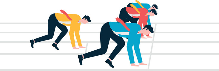 Unfair competition or unfair business, businessmen preparing for a running race on a different starting line

