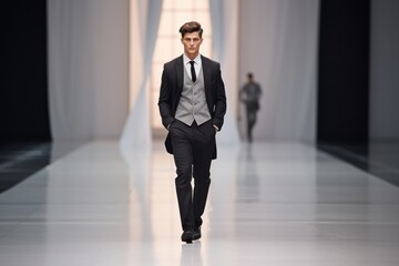 Model man fashion tuxedo runway.