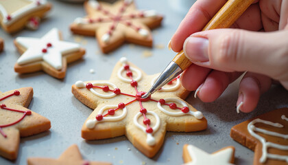 Decorating Christmas star cookie with icing details