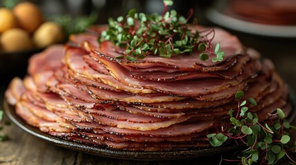 Delicious sliced ham garnished with fresh herbs on a rustic wooden table.