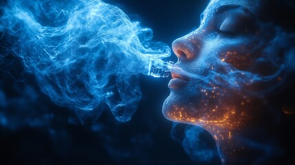 Artistic visual of oxygen therapy showing person connected to an oxygen concentrator with clean crisp blue air particles swirling around them representing revitalization and health enhancement