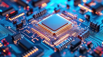 Obraz premium A close-up image of a laser etching process on a microchip circuit board, highlighting the precision and intricacy of modern electronics manufacturing.