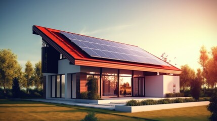 Fototapeta premium Modern house with solar panels on the roof at sunset.