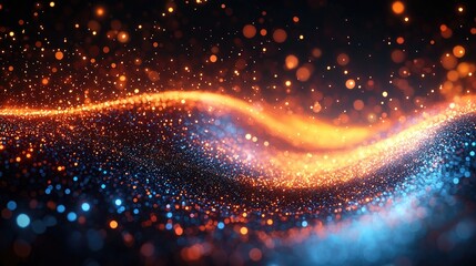 Abstract background with glowing particles and wave motion.