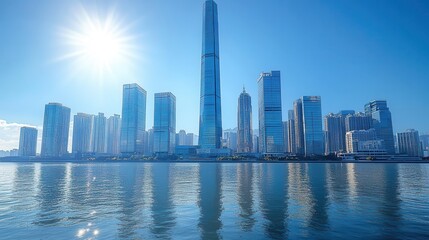 Obraz premium towering contemporary office buildings gleam under a clear blue sky their glass facades reflecting sunlight symbolizing financial prosperity and modernity
