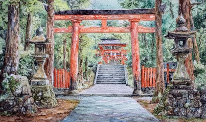 Fototapeta premium Watercolor Motonosumi Inari Shrine in Yamaguchi,Japan