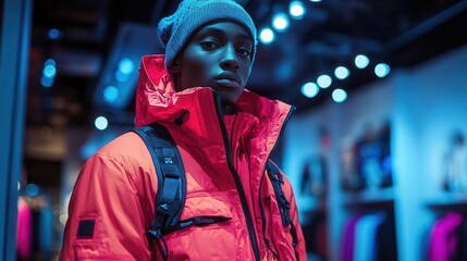 Neon Nomad: Urban Explorer Clad in Vibrant Hues Navigates the Twilight Realm of City Streets, Embodying the Fusion of Fashion, Function, and Futuristic Flair