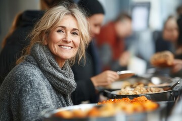 A smiling woman with long hair enjoys a communal meal at a vibrant food festival, surrounded by people. The setting showcases a variety of delicious dishes, and the atmosphere is filled with happiness