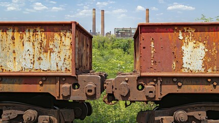 Naklejka premium Two rusty train carriages staying still in front of industrial chimneys