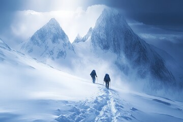 Adventurers traverse snowy mountain landscape in a dramatic wintry scene at dawn