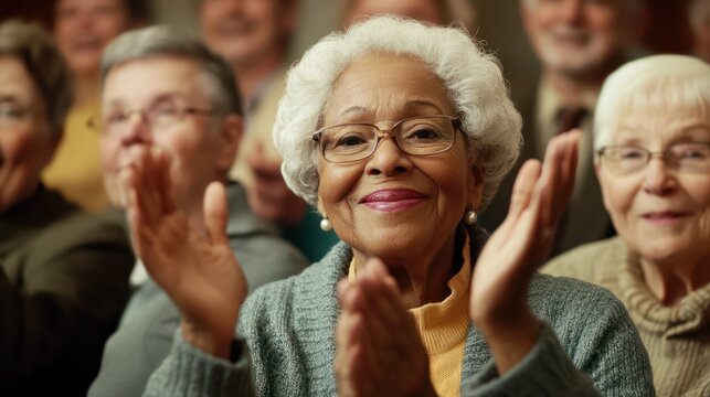 a group of senior citizens applaud in the conference room