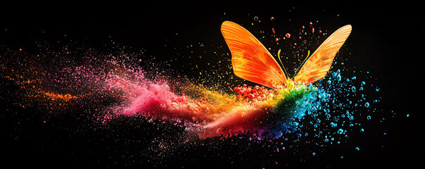Ink splashes forming the shape of a butterfly in midair, vibrant, dynamic, and full of color