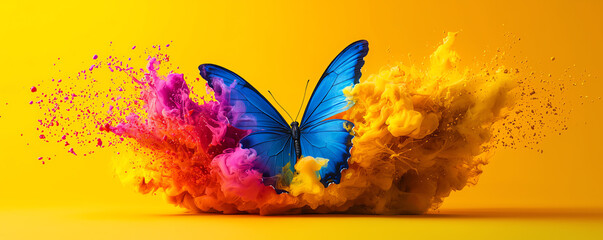 Ink splashes forming the shape of a butterfly in midair, vibrant, dynamic, and full of color