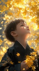 A child gazes upward amidst golden autumn leaves, evoking wonder and tranquility.