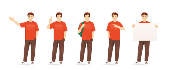 Young man in casual clothes standing in different poses showing something with backpack. Isolated vector illustration set