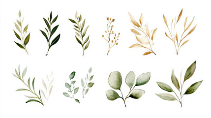 Naklejka premium Watercolor illustration set of green and gold leaf branches