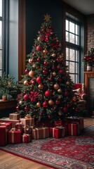 Christmas Tree Decorated with Baubles and Gifts on White Background