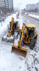 A backhoe is actively removing snow from a parking lot, uncovering vehicles hidden beneath white layers in winter