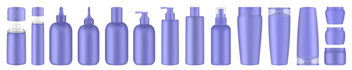 Purple hair treatment bottles with pump, dispenser. Korean packaging. Shampoo, balm, mask. Hair spray, container, mockup of aerosol. Squeeze bottles. Dropper, squeeze bottles	
