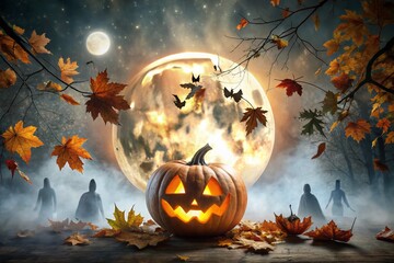 Halloween Pumpkin Double Exposure Art with Spooky Elements for Creative Designs