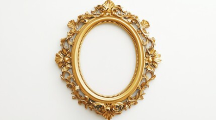 A beautifully crafted gold oval frame with intricate baroque patterns, captured in dramatic lighting against a white background, embodying timeless sophistication