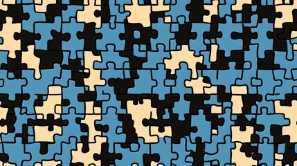 Abstract background with puzzle pieces in blue, black and beige colors.