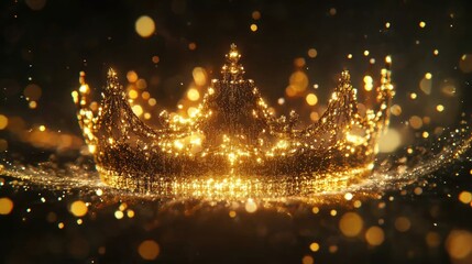 A beautifully designed holographic crown in gold, with intricate details emerging from shimmering particles and data streams, representing a blend of tradition and innovation